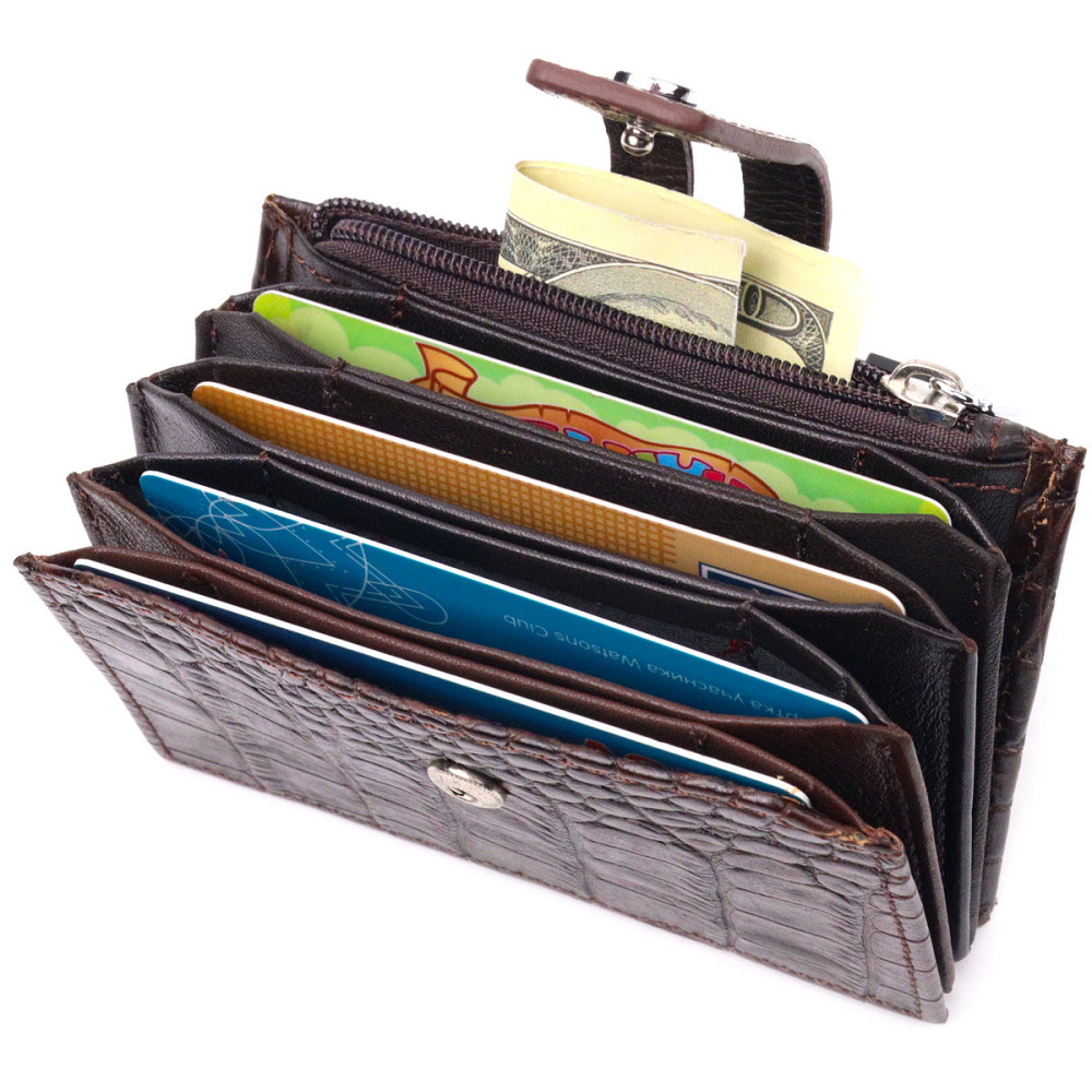 Оригінальний картхолдер із натуральної шкіри з тисненням під крокодила Коричневий (KARYA) Київ - фото 1