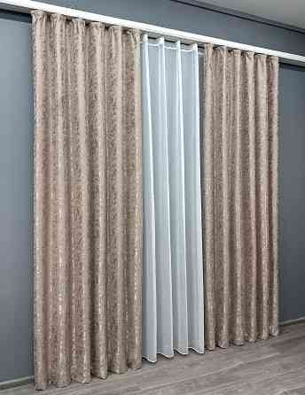 Комплект штор VR-Textil Лен Мрамор 150х270 2шт и Тюль 400х270 1715ш-1276т Светло-пудровый с белым 71-011/3 Киев