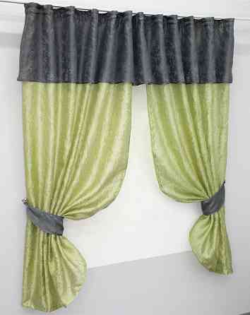 Кухонные шторы VR-Textil № 073к с ламбрекеном и подхватами салатовый с графитовым 290х170 см (52-0153) Киев