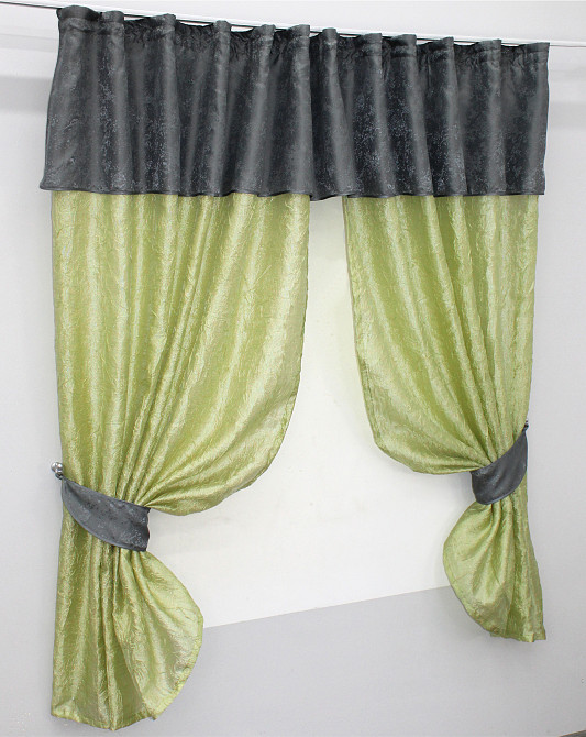 Кухонні штори VR-Textil № 073к з ламбрекеном і підхватами салатовий з графітовим 290х170 см (52-0153) Київ - фото 2