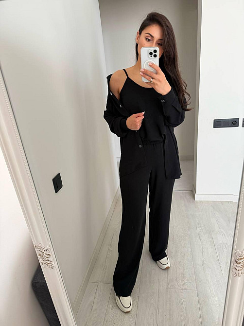 Женский базовый костюм тройка: рубашка майка и штаны креп жатка Черный, 50/52 Одесса - изображение 8