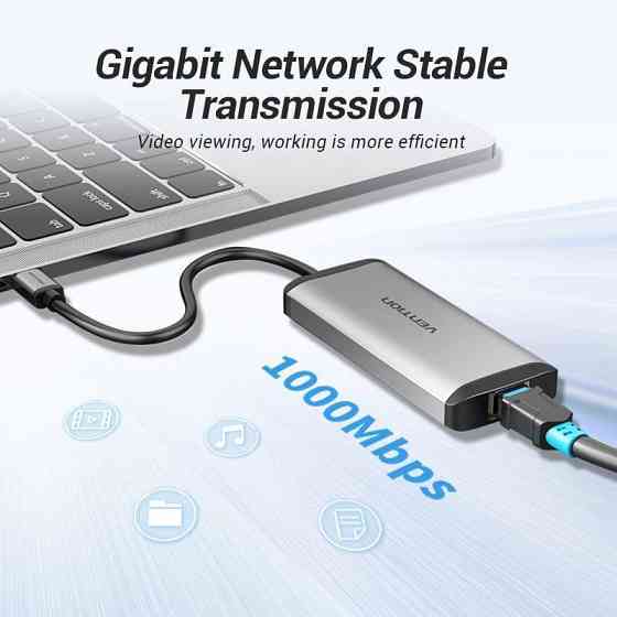 Концентратор Vention USB-C 3-Port, RJ-45, PD, 0.15 м (TGDHB) сріблястий з чорним Харків