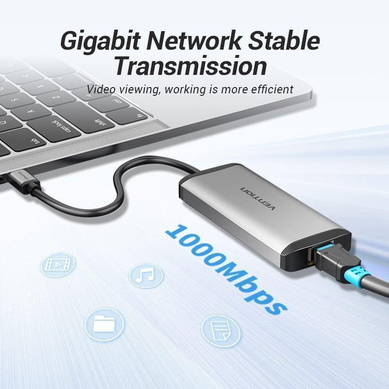 Концентратор Vention USB-C 3-Port, RJ-45, PD, 0.15 м (TGDHB) сріблястий з чорним Харків - фото 5