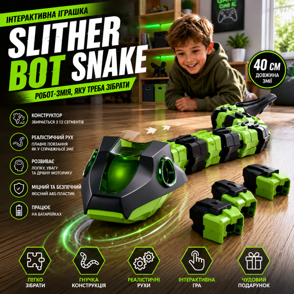 Інтерактивна іграшка-робот Змія Slither Bot Snake 40 см на батарейках, конструктор 12 сегментів, реалістичний рух, оригінал Київ - фото 7