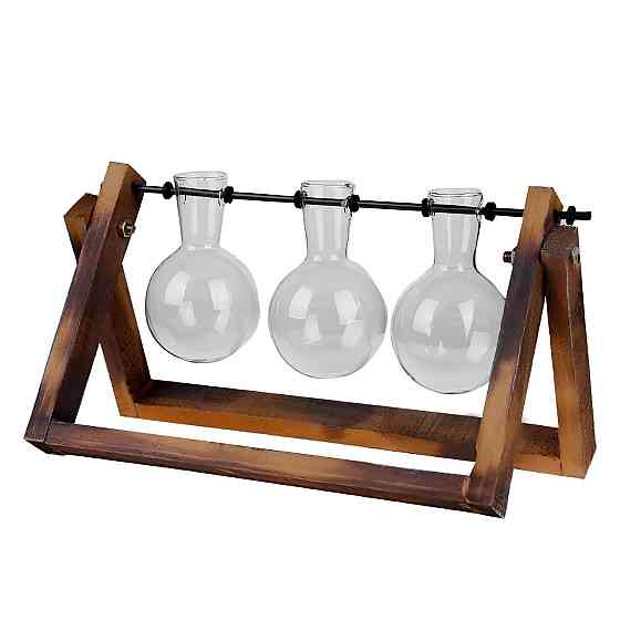 Декоративная ваза RESTEQ с тремя стеклянными колбами на деревянной подставке — стильный аксессуар для цветов и растений Киев