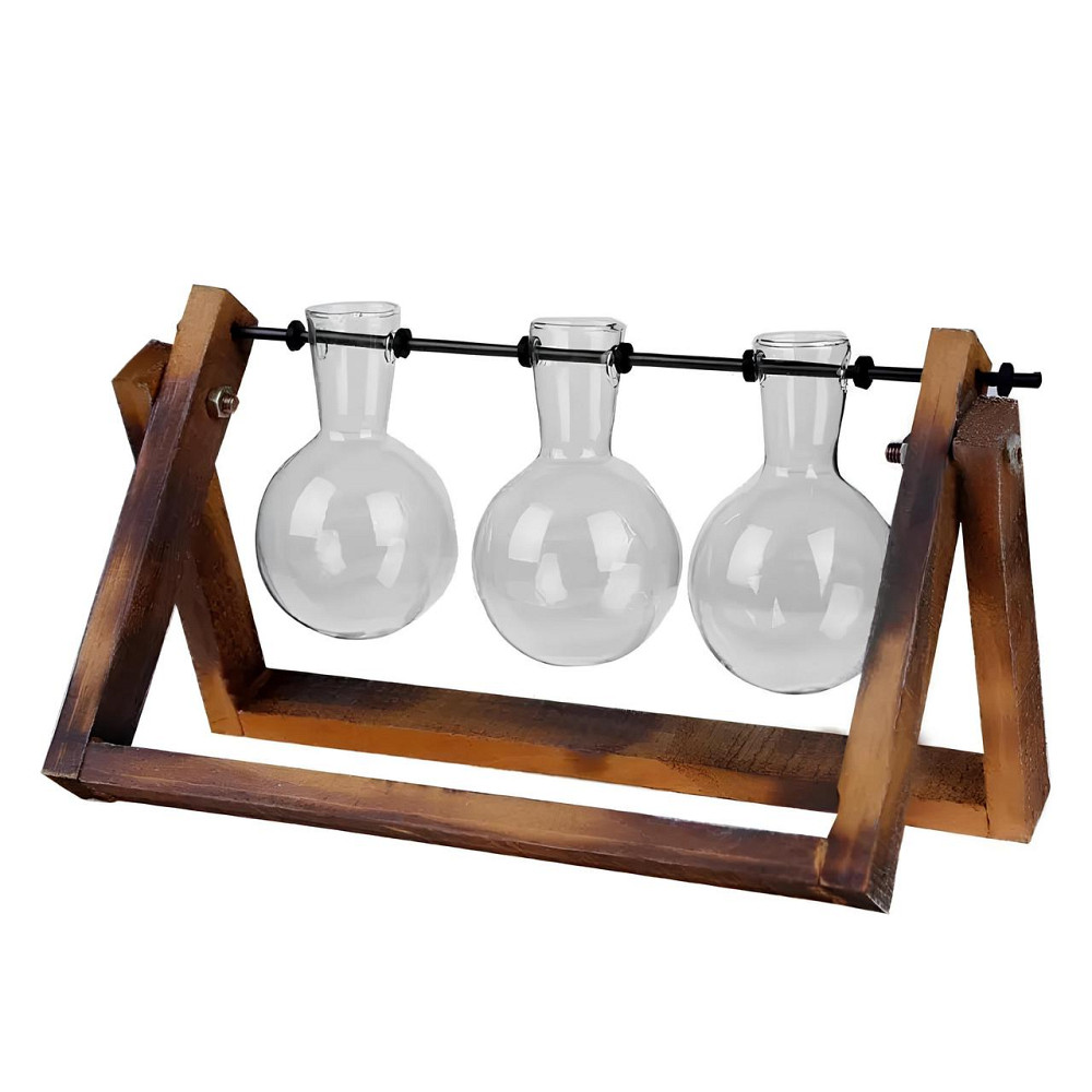 Декоративная ваза RESTEQ с тремя стеклянными колбами на деревянной подставке — стильный аксессуар для цветов и растений Киев - изображение 5