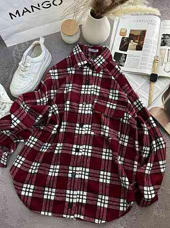 Жіноча тепла оверсайз сорочка в клітинку на ґудзиках кашемір Бордо Одеса