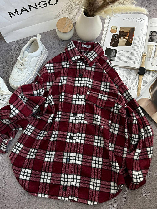 Жіноча тепла оверсайз сорочка в клітинку на ґудзиках кашемір Бордо Одеса - фото 1