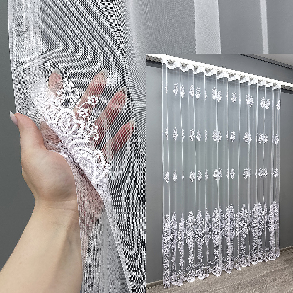 Тюль фатин с вышивкой и люрексом цвет холодный белый 1571т Киев - изображение 1