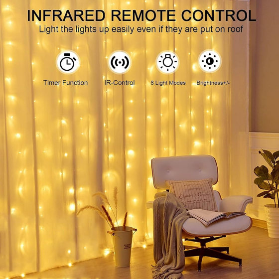 LED-гирлянда штора Lezonic 3×3 м 300 LED, теплый белый, 8 режимов, таймер, пульт ДУ, USB 5 В, IP65 Киев