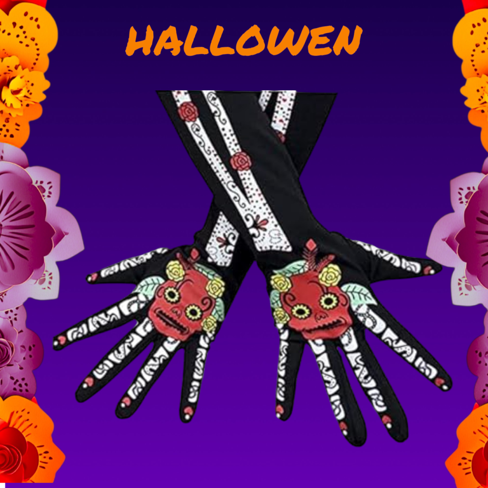 Рукавички для рук високі мексиканській прінт Череп Хелловін 38 см чорні Київ - фото 1