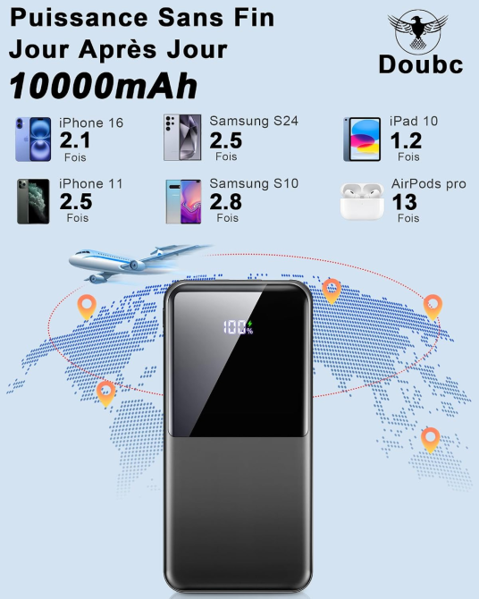 Повербанк Doubc MB26 10000 мА·ч, быстрая зарядка 22,5 Вт PD, USB-C + 2×USB-A, LED-дисплей, черный Киев - изображение 6