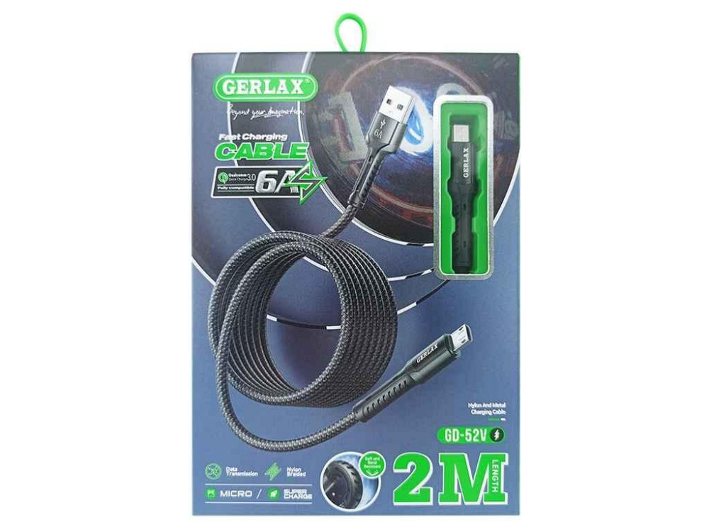 Кабель microUSB GD-52V 6А SUPER CHARGE черный тканевый 2м ТМ Gerlax   Solmir Киев - изображение 1
