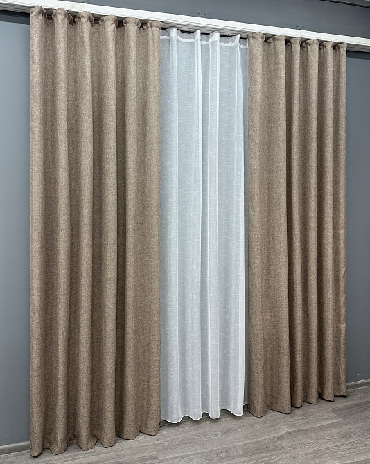 Комплект штор VR-Textil Лен Мешковина 150х270 2шт и Тюль 500х270 113ш-115т Светло-кофейный с белым 71-053/4 Киев - изображение 3