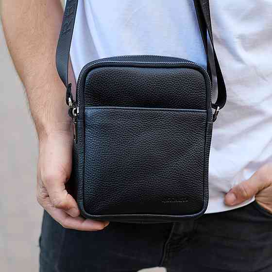 Мужская борсетка через плечо, зернистая кожа 20х16х6, мессенджер для города, сумка для телефона и документов, черная Киев