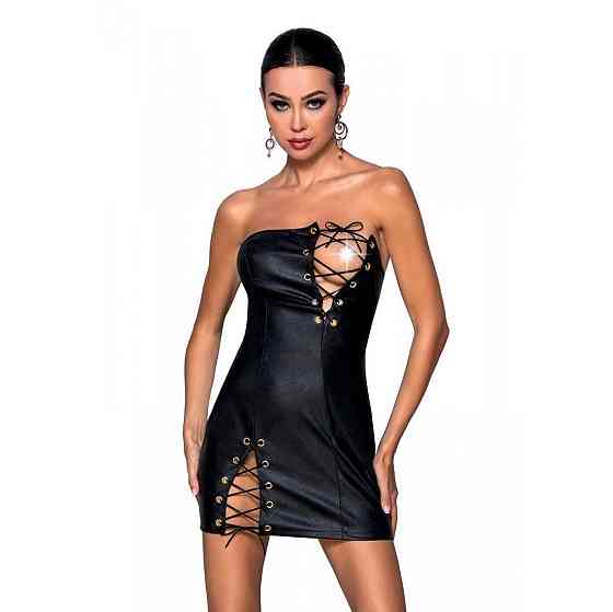 Мінісукня з екошкіри Passion CELINE CHEMISE XXL/XXXL, black, шнурівка, трусики в комплекті Sex Aura Київ
