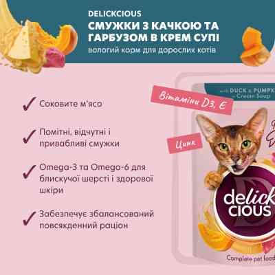 Влажный корм для кошек Delickcious Полоски с уткой и тыквой в крем-супе 85 г (4820269141797) Винница