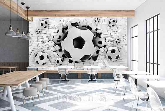 Шпалери вінілові на флізелін футбольні м'ячі на тлі стіни під цеглу Київ