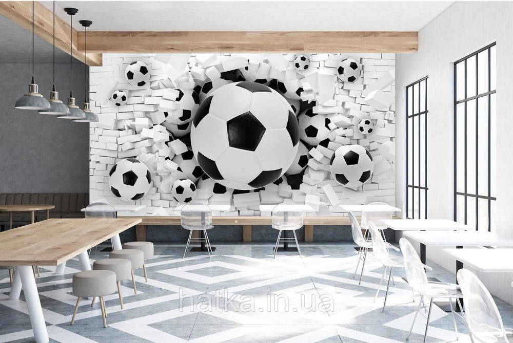 Шпалери вінілові на флізелін футбольні м'ячі на тлі стіни під цеглу Київ - фото 1