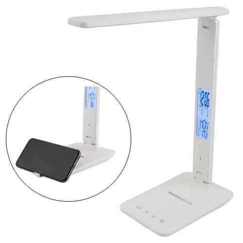 Настольная LED лампа TX26C0 с беспроводной зарядкой 10Вт, USB, дисплеем и будильником, белая Киев