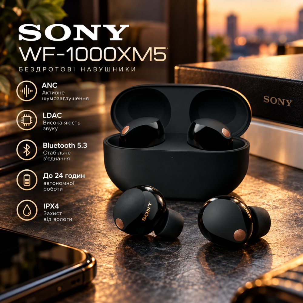 УЦІНКА Бездротові навушники Sony WF-1000XM5, TWS, ANC, Bluetooth 5.3, LDAC, до 24 годин роботи, IPX4, чорні Київ - фото 2