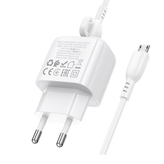 Мережевий зарядний пристрій з кабелем BOROFONE BAS42A Potential single-port QC3.0 charger set(Micro)(EU) White Одеса