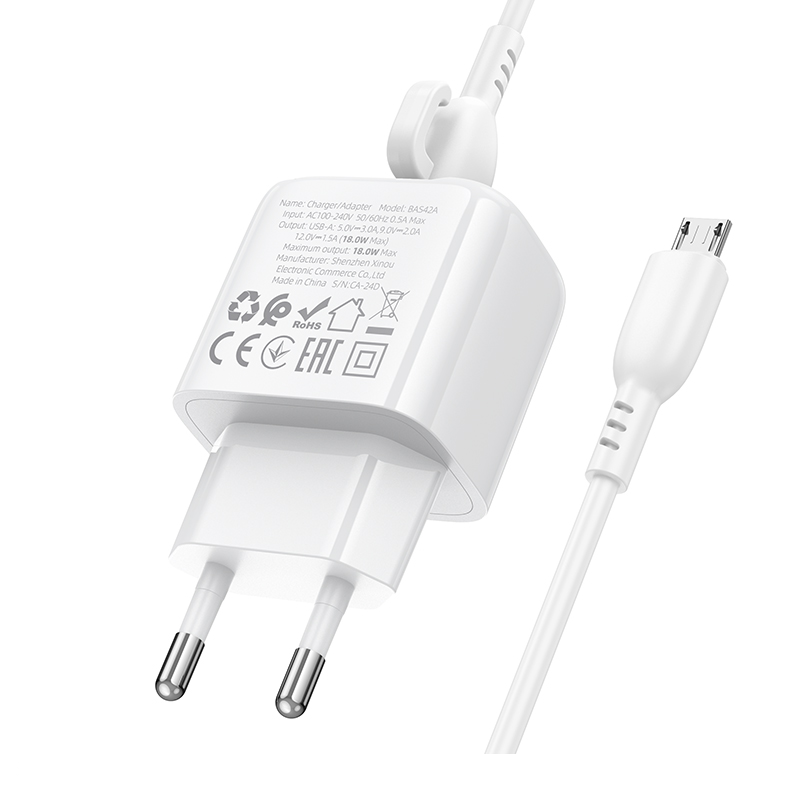 Мережевий зарядний пристрій з кабелем BOROFONE BAS42A Potential single-port QC3.0 charger set(Micro)(EU) White Одеса - фото 6