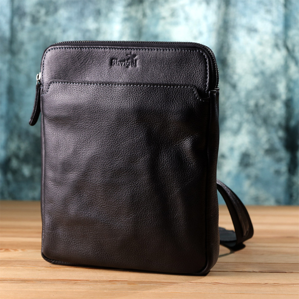 Стильная мужская сумка через плечо из мелкозернистой натуральной кожи Shvigel 20869_1 Черный Киев - изображение 3