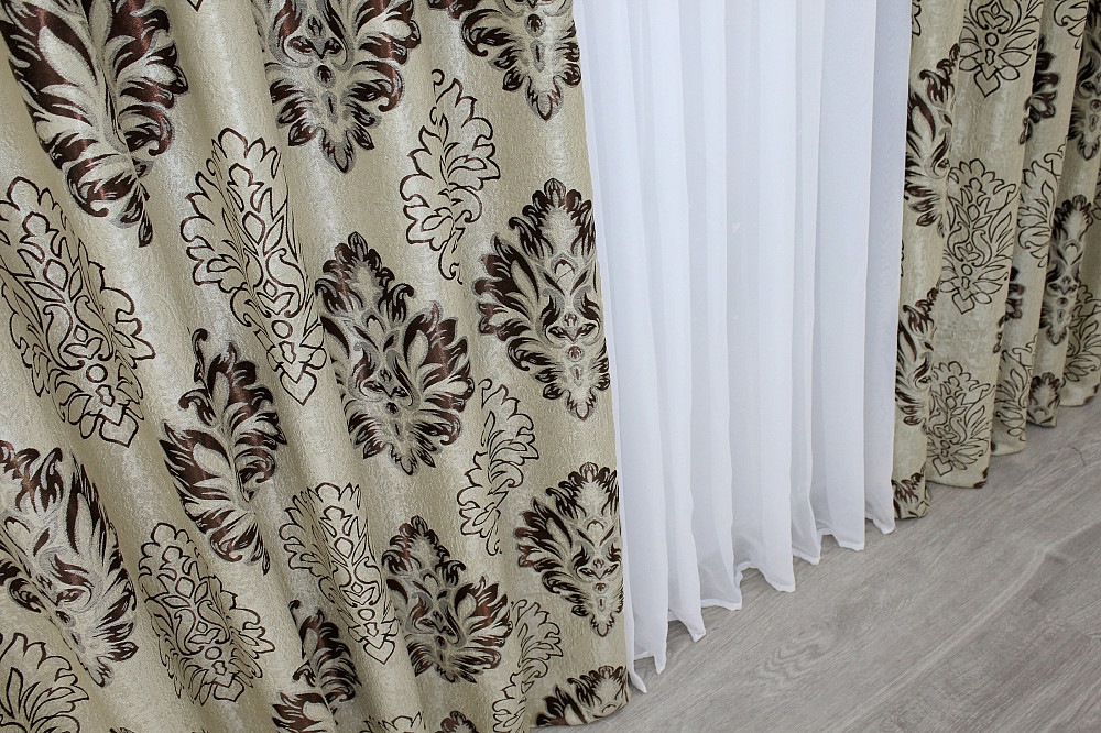 Комплект готовых штор VR-Textil Блэкаут-софт Корона № 1274ш(Б) Бежевый с коричневым 100х270 см 2шт (31-602) Киев - изображение 7