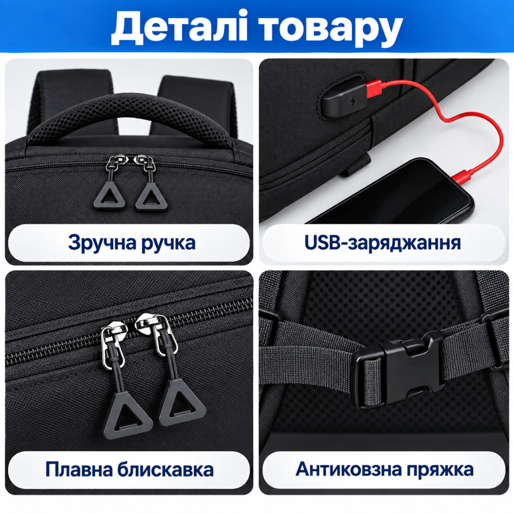 Рюкзак дорожный для ноутбука и аксессуаров для путешествий городской влагоcтойкий 40х20х30 см,чёрный Каменец-Подольский - изображение 10