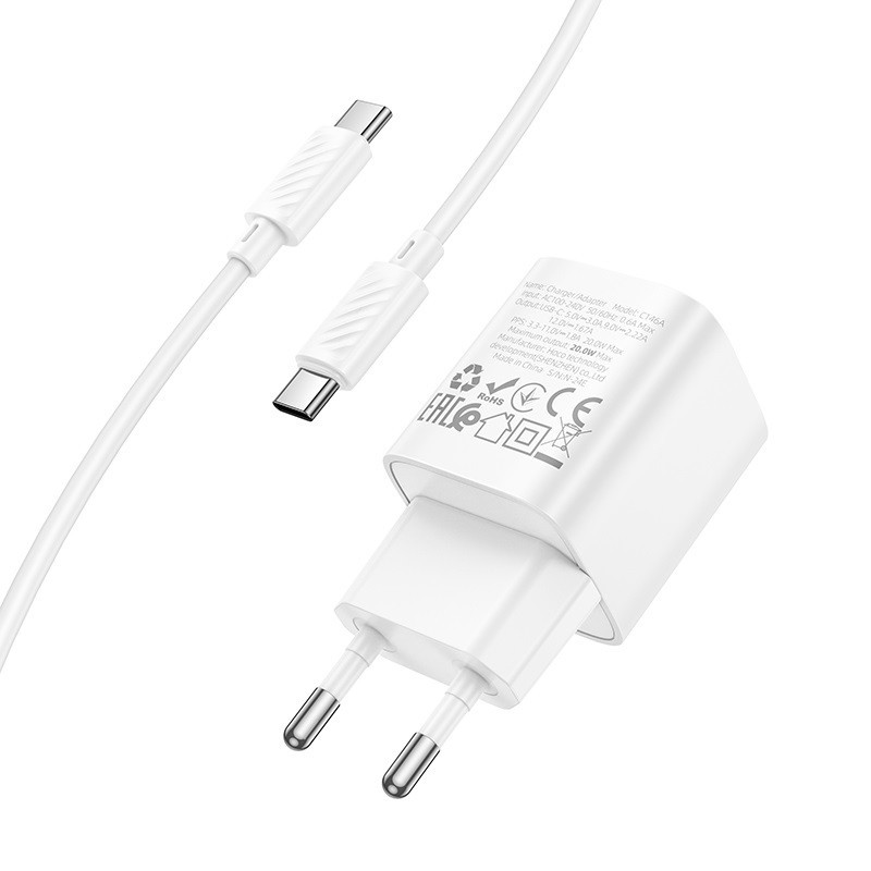 Мережевий зарядний пристрій з кабелем HOCO C146A Charm single port PD20W charger set (C to C) (EU) White Одеса - фото 5