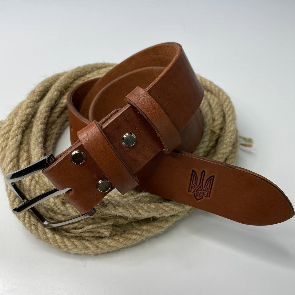 Чоловічий ремінь з натуральної шкіри для джинсів, шкіряний пояс з тисненням Герб, коричневийMasterSem Київ - фото 7