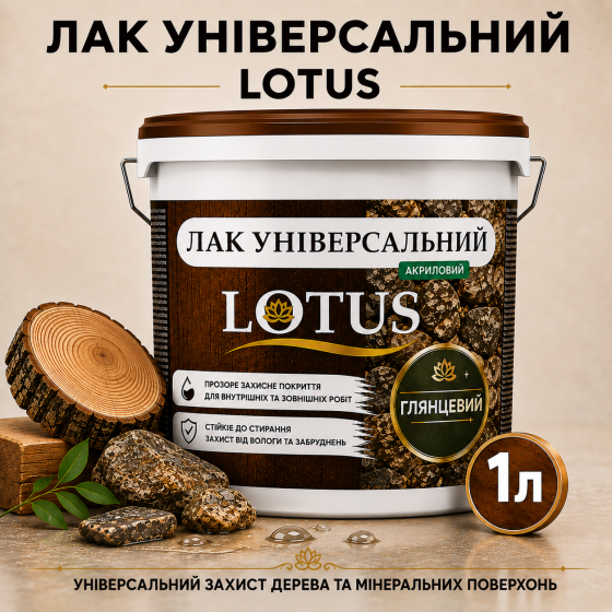 Лак універсальний акриловий LOTUS прозорий глянцевий без запаху зносостійкий для дерева, каменю, бетону та інших поверхонь 1 л Харків