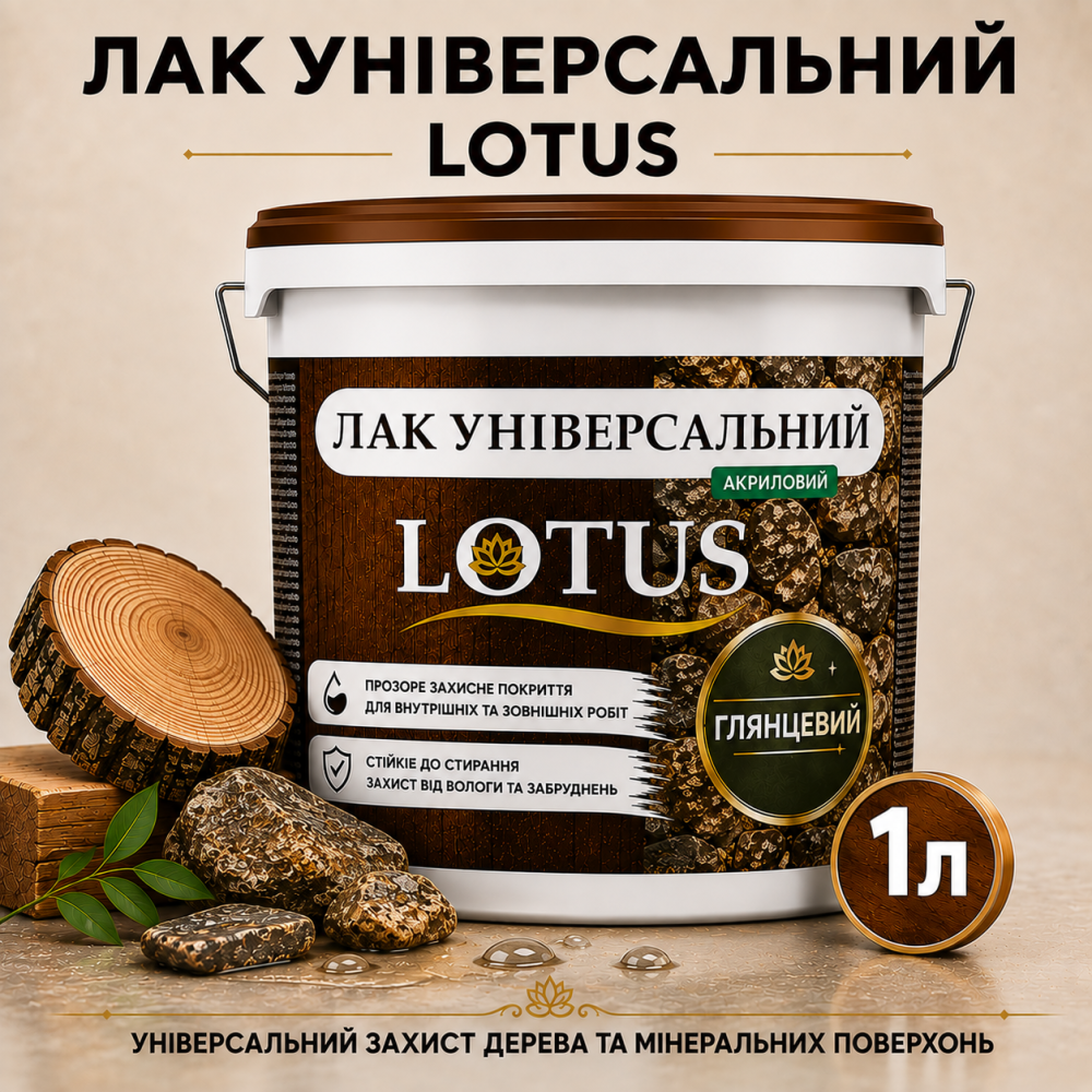 Лак універсальний акриловий LOTUS прозорий глянцевий без запаху зносостійкий для дерева, каменю, бетону та інших поверхонь 1 л Харків - фото 5