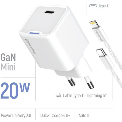 Зарядное устройство ColorWay C101D GaN Mini 20W PD PPS USB-C + cable USB-C to Lightning white (CW-CHS059PDL-WT) Винница - изображение 2