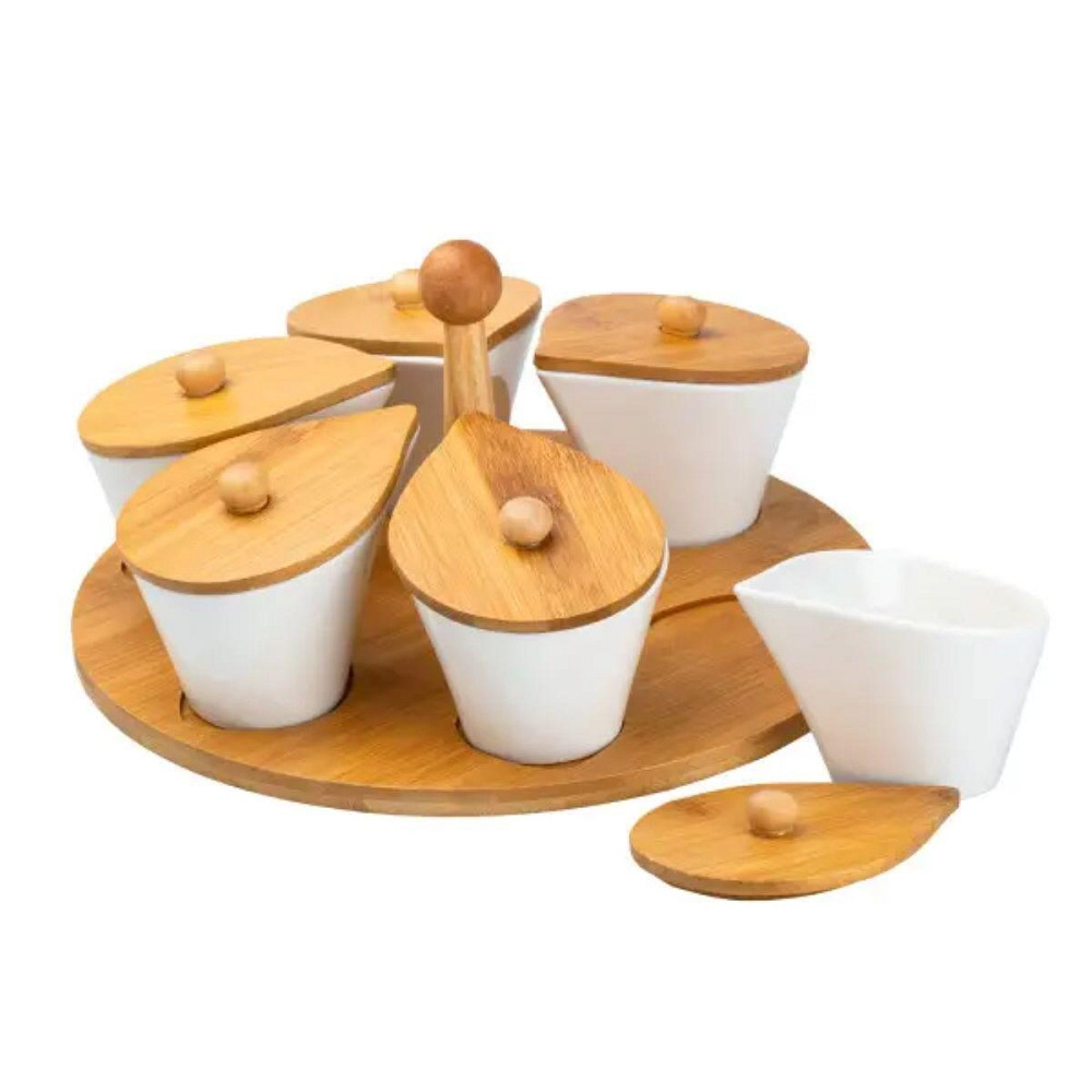 Набір порцелянових баночок для сипучих продуктів 6 штук по 100 мл на бамбуковій підставці HP258 Київ - фото 4