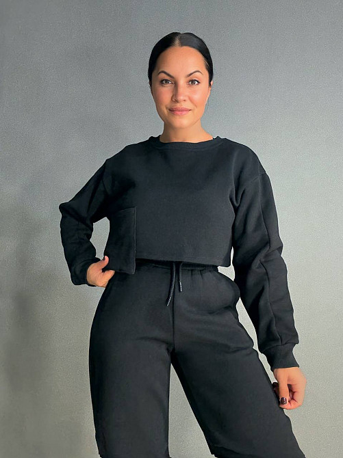 Костюм жіночий Quzen 490-480 укорочений світшот з кишенею та джогери утеплений чорний, чорний, M Київ - фото 19