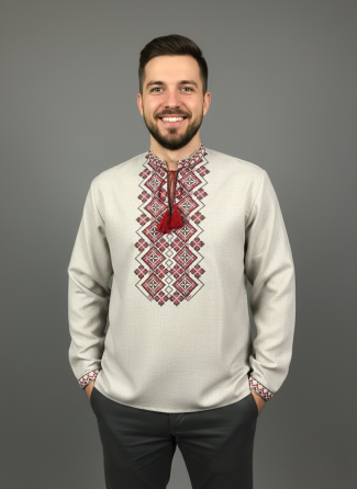 Украинская мужская вышиванка с длинным рукавом в цвете беж 48 Киев