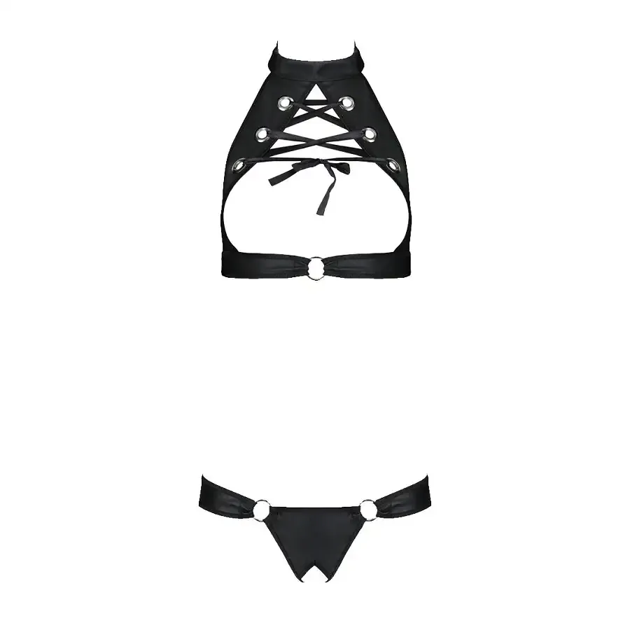 Комплект із екошкіри Passion MALWIA SET with Open Bra 6XL/7XL black, топ та трусики з люверсами Львов - изображение 3