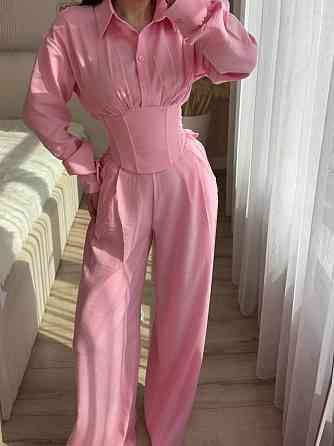 Жіночий стильний трендовий повсякденний костюм льон жатка Рожевий, 42/46 Одеса
