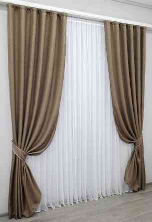 Комплект готовых штор VR-Textil Лен-блэкаут Лен Мешковина № 825ш Темный беж 150х270см 2 шт (30-610) Киев