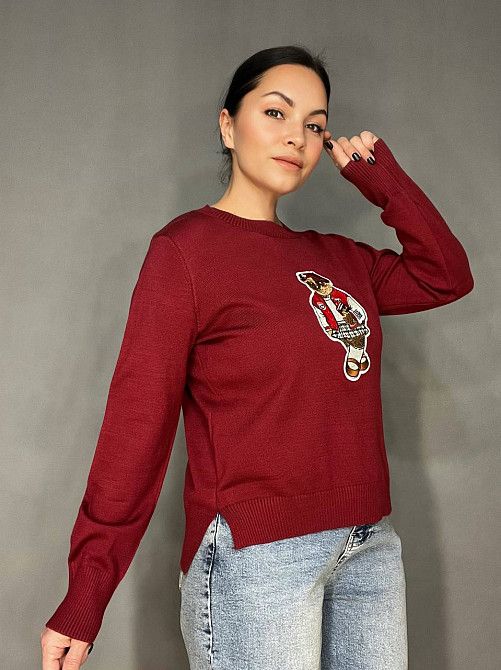 Светр жіночий A-N 2609 з нашивкою ведмедика оверсайз базовий one size, бордовий, one size Київ - фото 9