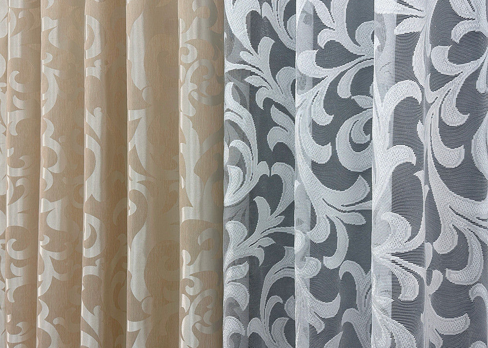 Комплект штор VR-Textil Жаккард Вензель 150х270 2шт и Тюль 600х270 416ш-1147т Бежевый с белым 71-100/5 Киев - изображение 7