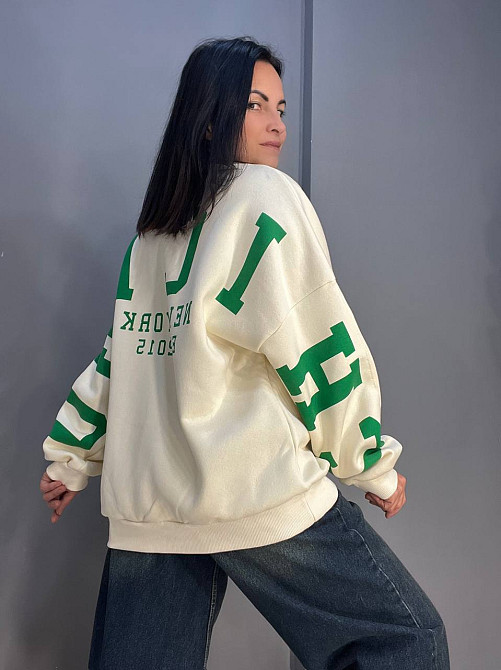 Свитшот женский DAVRAS 8174 оверсайз удлиненная надпись на спине CHICAGO утепленный на флисе one size молочный, молочний, one size Киев - изображение 20