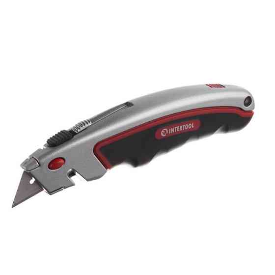 Ніж трапецієподібний, 60×19 мм, з висувним лезом, металевий корпус, прогумована рукоятка INTERTOOL HT-0516 Киев