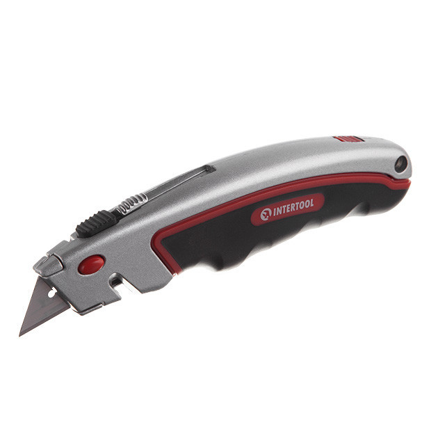 Ніж трапецієподібний, 60×19 мм, з висувним лезом, металевий корпус, прогумована рукоятка INTERTOOL HT-0516 Киев - изображение 2