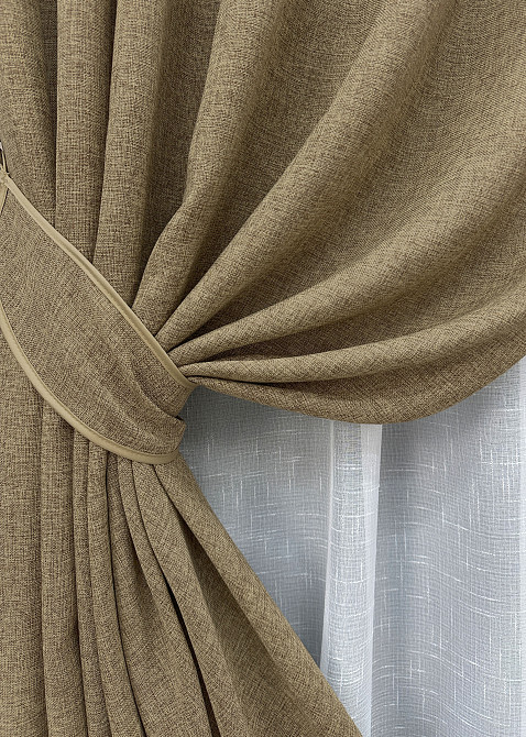 Комплект штор VR-Textil Льон Мішковина 150х270 2шт і Тюль 600х270 1768ш-115т Мигдальний з білим 71-052/5 Київ - фото 4