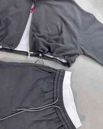 Женский прогулочный оверсайз костюм тройка: кофта топ и брюки двунить + микродайвинг Графит Одесса