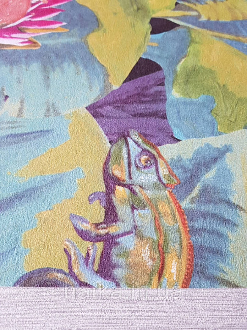 Шпалери вінілові Decoprint Breeze тропіки листя квіти латаття червоні хамелеони на синьо-зеленому 0.53х10 м Київ - фото 3