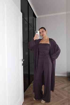 Жіночий базовий костюм-трійка: кардиган топ і штани турецька віскоза Графітовий Одеса